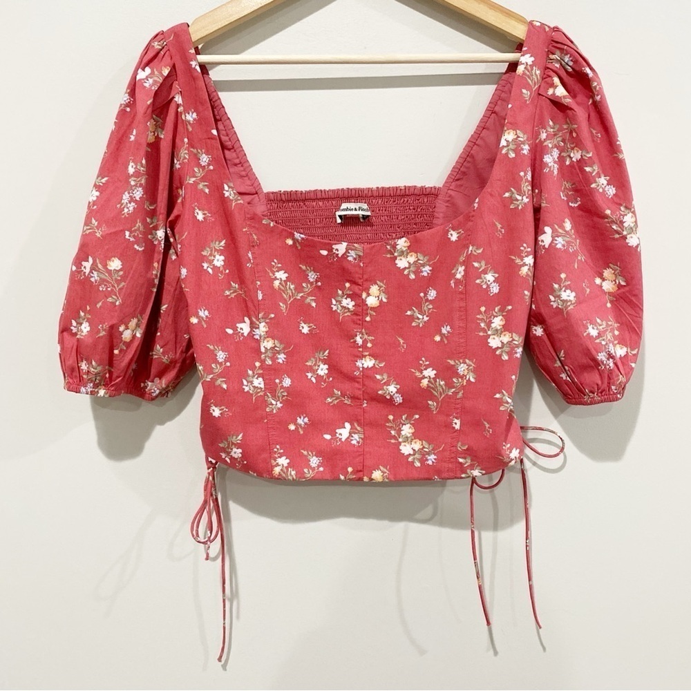 Abercrombie & Fitch Pink Floral Puff Sleeve Crop Top - Picture 2 of 8